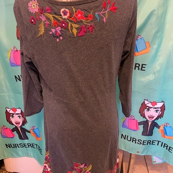 Johnny Was embroidered Heather Grey knitted Cowl neck midi Dress size Med